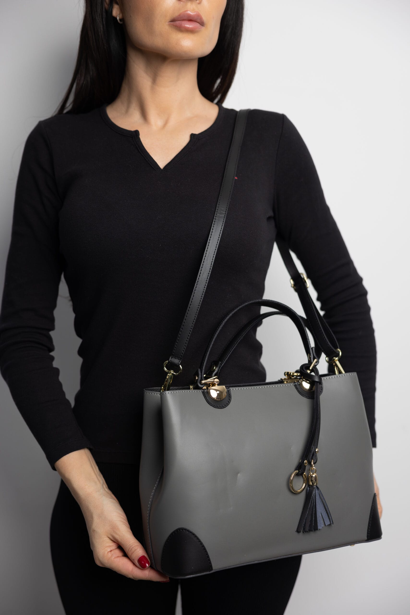 Geantă damă din piele naturala gri-negru Design Beauty - imagine 7
