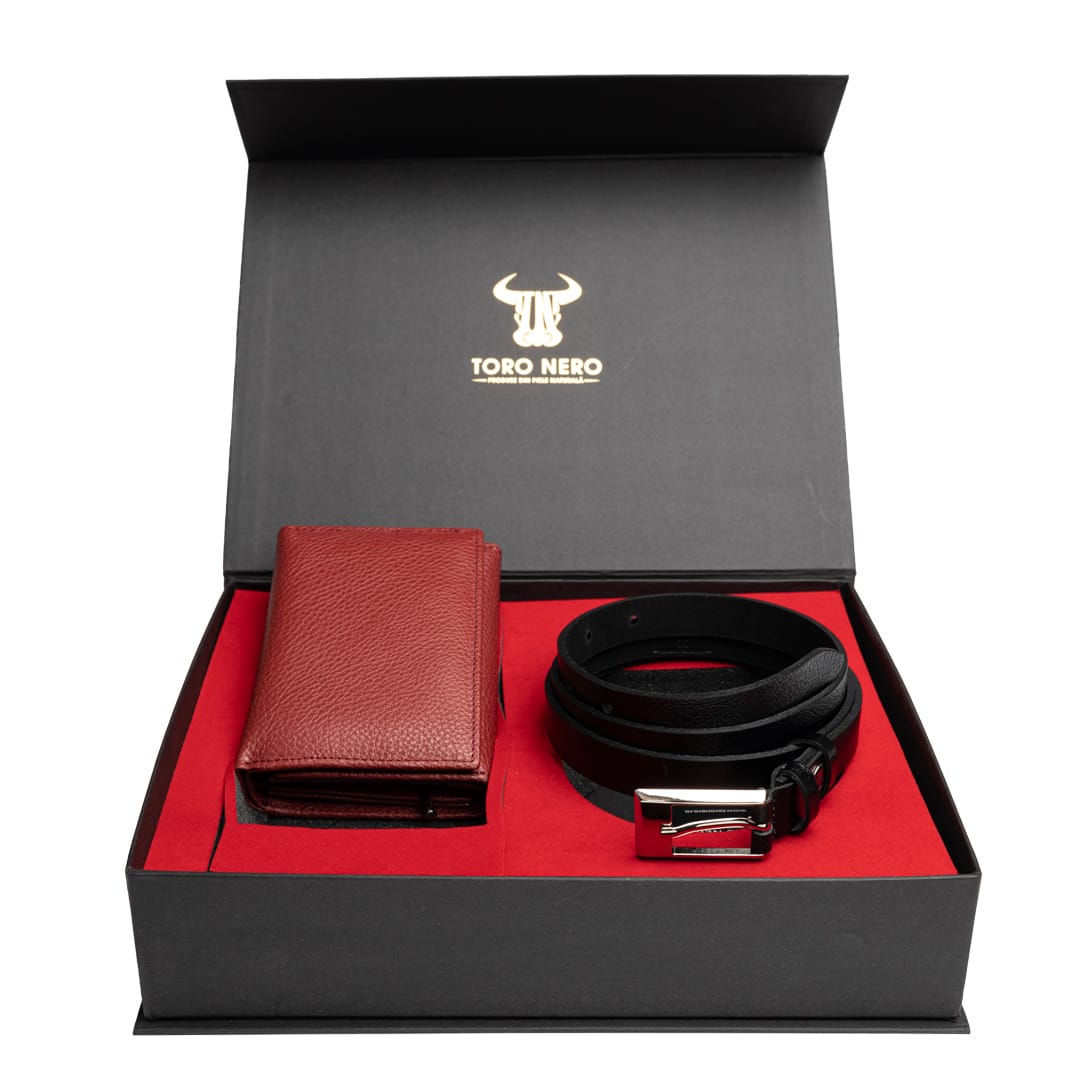 Set cadou portofel+curea din piele pentru femei rosu-negru Little-Slim - imagine 11