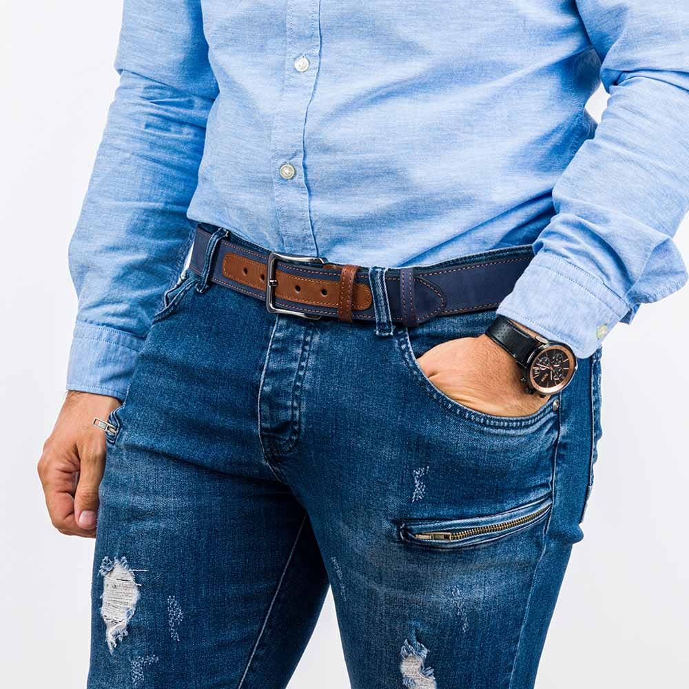 Curea barbati din piele naturala bleumarin Detail - imagine 6