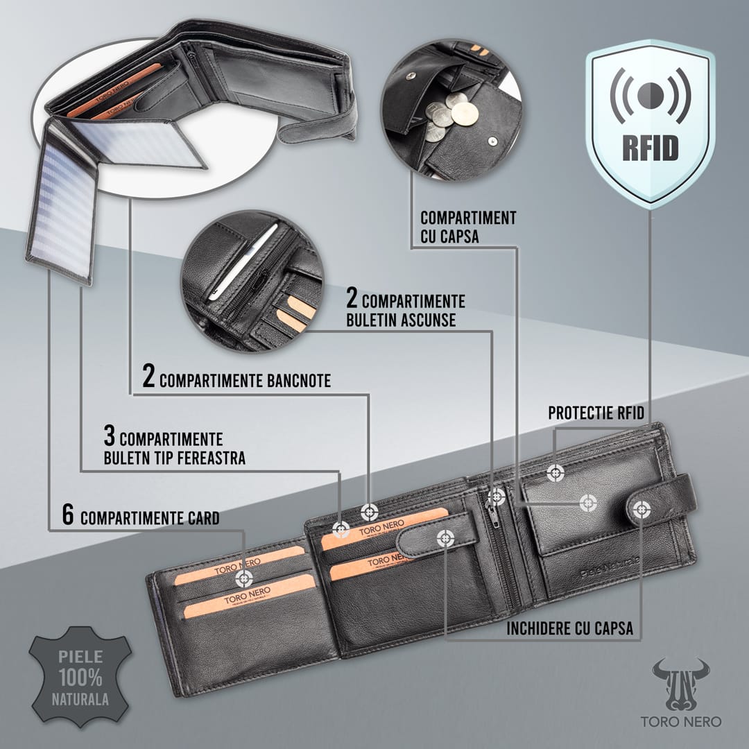 Portofel barbati din piele naturala negru-E VikiY,protectie RFID - imagine 8