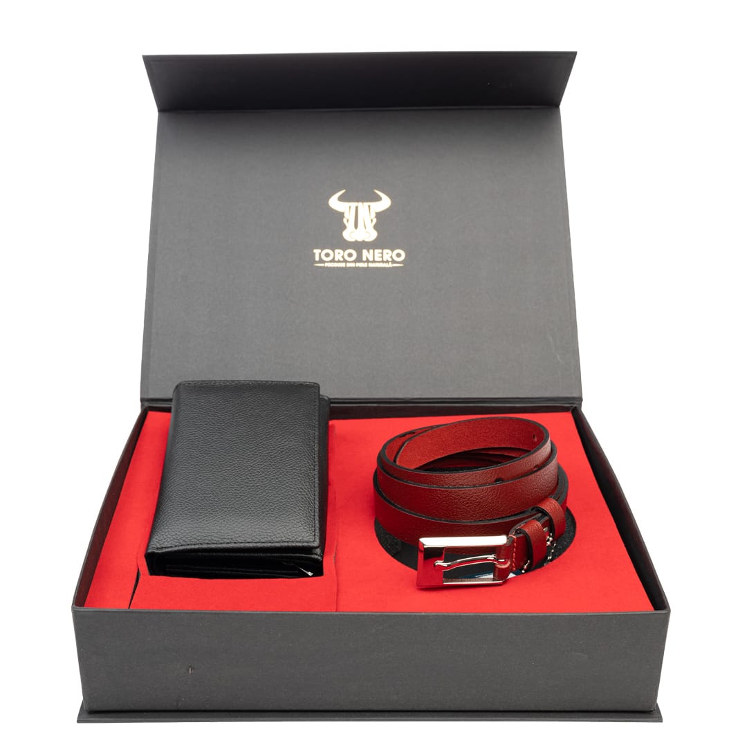 Set cadou portofel+curea din piele pentru femei negru-rosu Little-Slim