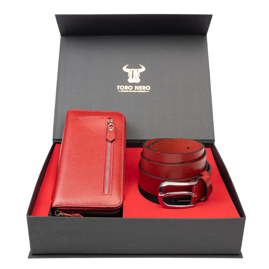Set cadou portofel + curea din piele pentru femei rosu Arya-Middle