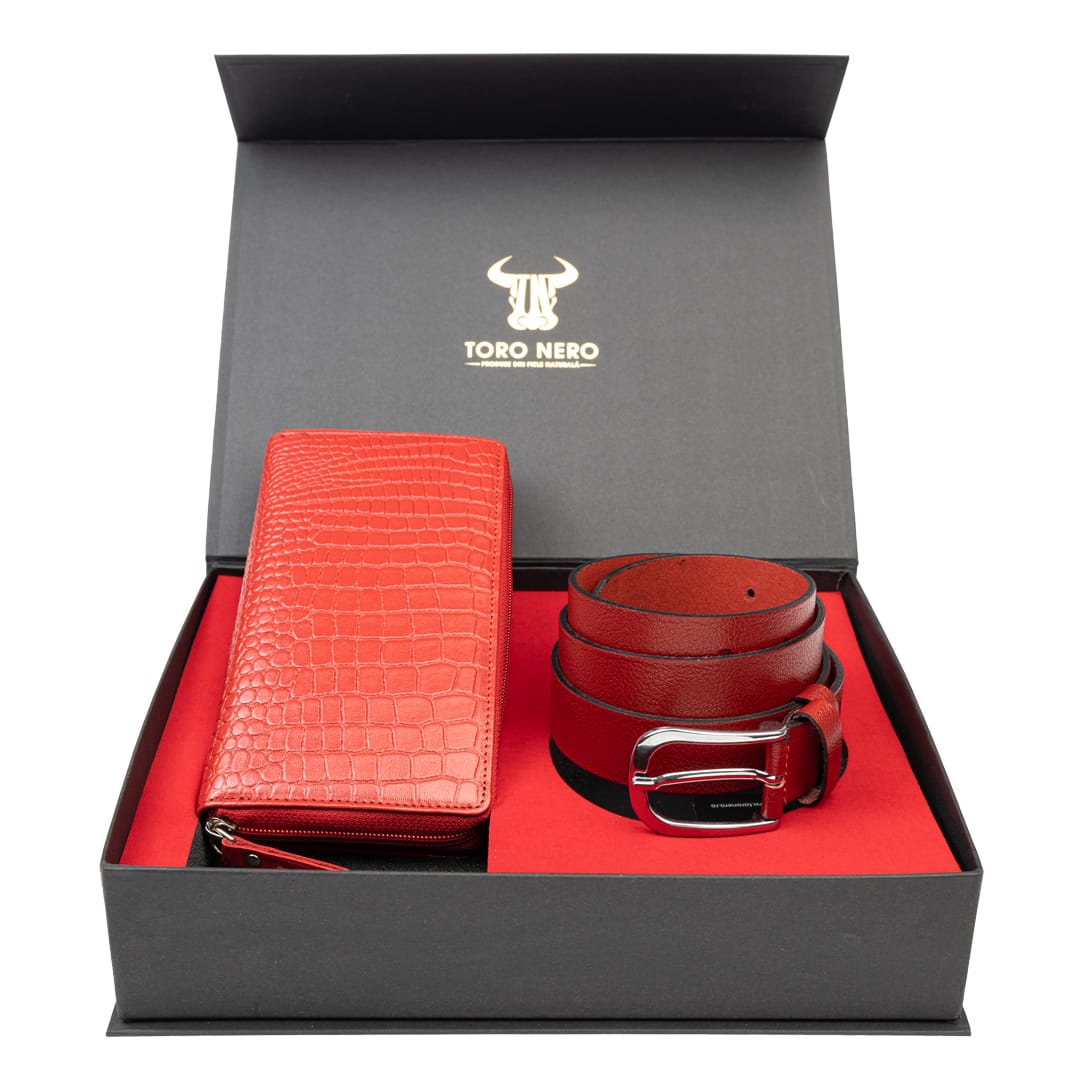 Set cadou portofel + curea din piele pentru femei rosu Gia-Middle