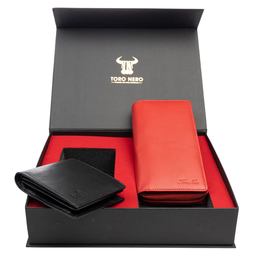 Set cadou portofel femei+ portofel barbati din piele naturala rosu Gina-Muselles